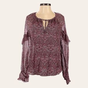 Joie Agneta Silk Blouse XS Burgundy Paisley Boho Sheer Ruffle Sleeve Peasant Top
